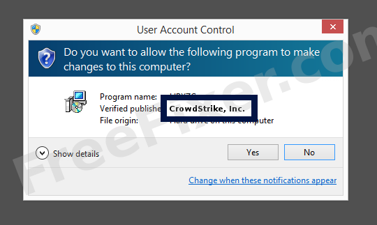 Screenshot where CrowdStrike, Inc. appears as the verified publisher in the UAC dialog